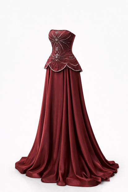 Burgundy Strapless Embroidered Satin Evening Dress